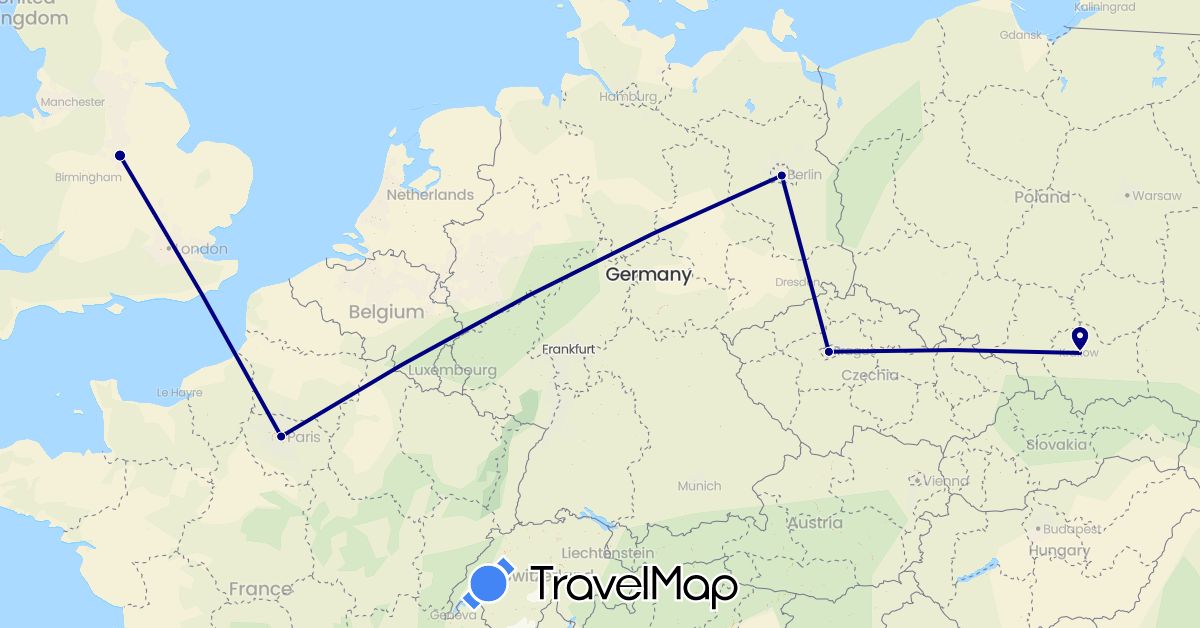TravelMap itinerary: driving in Czech Republic, Germany, France, United Kingdom, Poland (Europe)